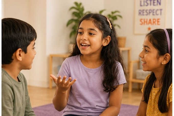 Three children sitting cross-legged on a rug, one girl speaking with a confident smile while the other two listen warmly, a "Listen Respect Share" poster behind them