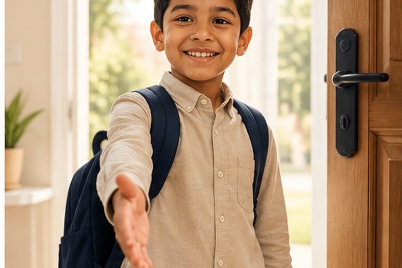 A young Indian girl standing confidently in a doorway, greeting a visitor with a handshake and direct eye contact