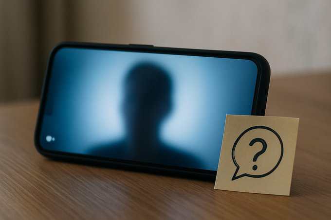 A smartphone propped on a table mid video-call showing a blurred silhouette, with a question-mark sticky note beside it